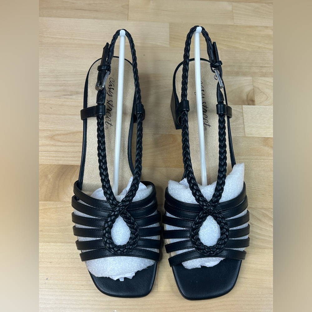 Easy Street Braided Slingback Block Heel Sandals Black 8.5N Comfort NIB